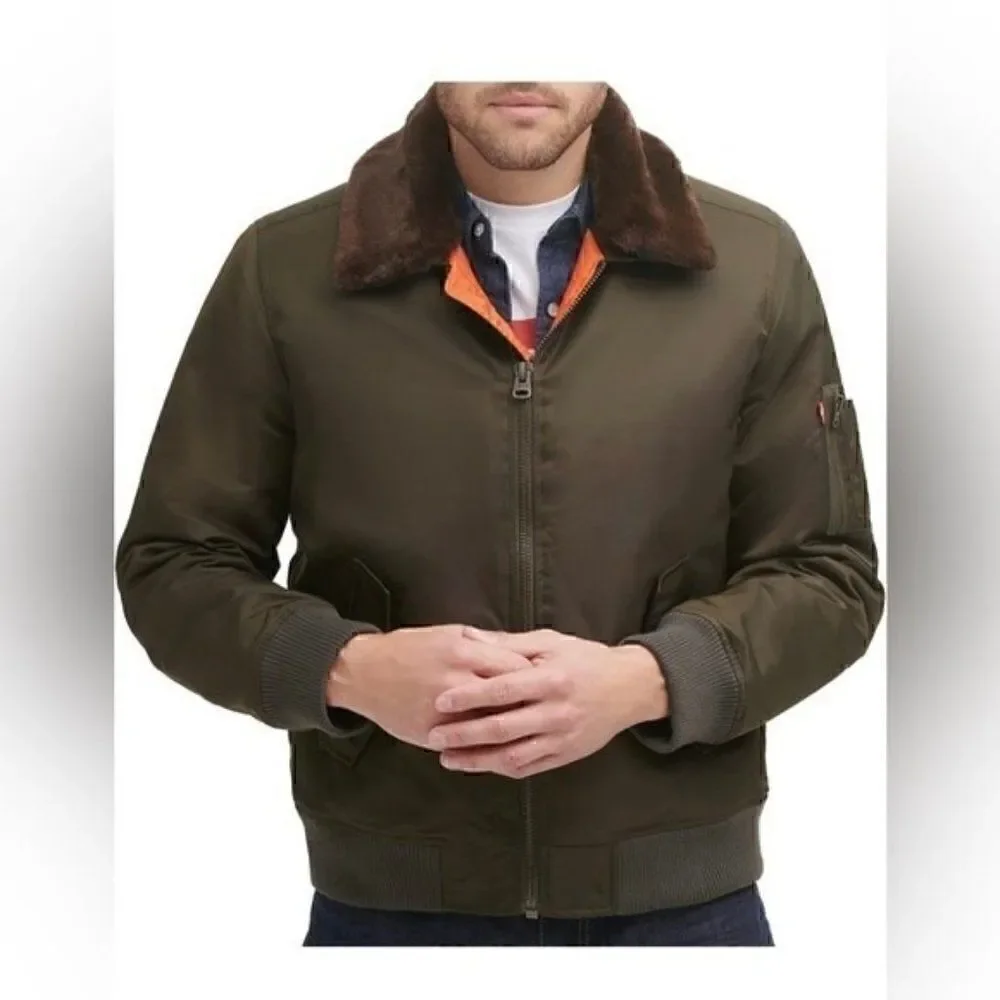 New LEVI'S Men's Flight Bomber Jacket with a Faux Fur Removable Collar XL